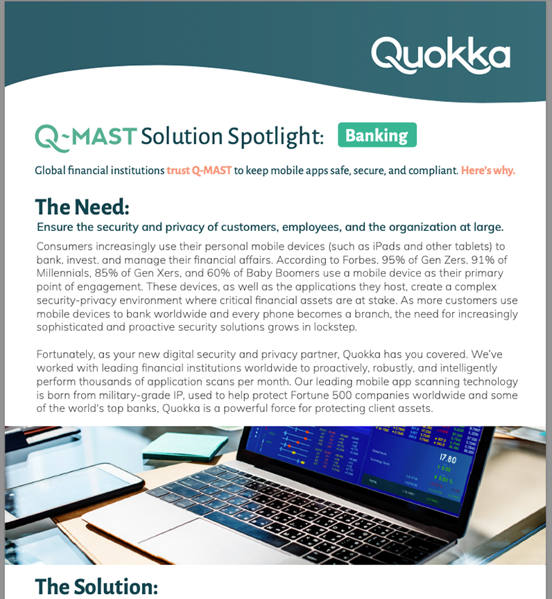 Laptop open with description of Q-Mast banking solutions