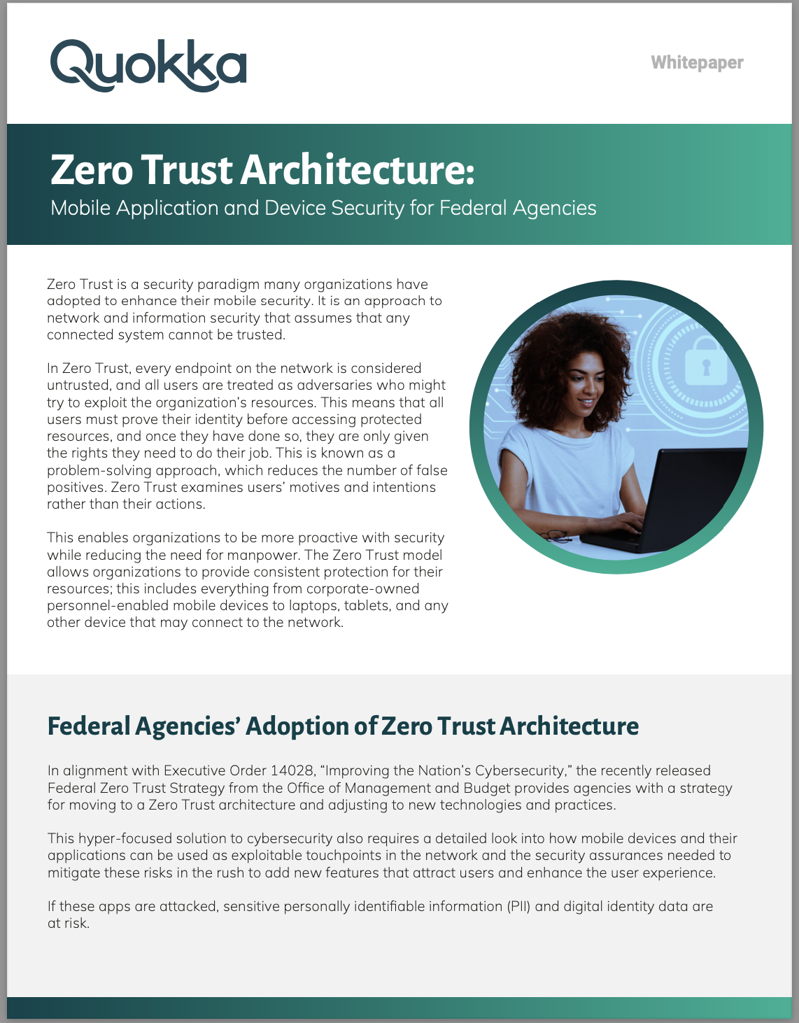 A whitepaper document explaining Zero Trust Architecture, contains a girl on her computer