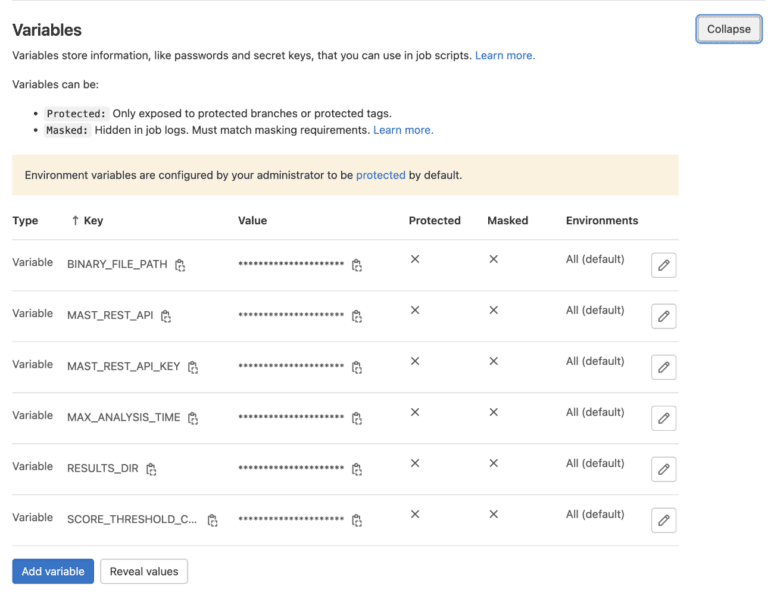 Variables screenshot