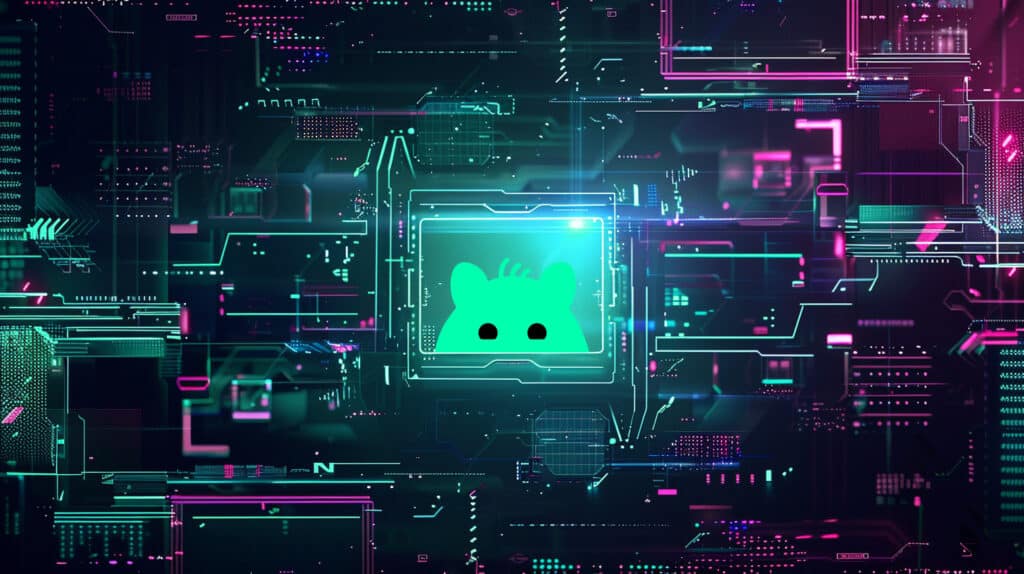 Quip mascot displayed on a glowing neon circuit board in a futuristic cyberpunk landscape