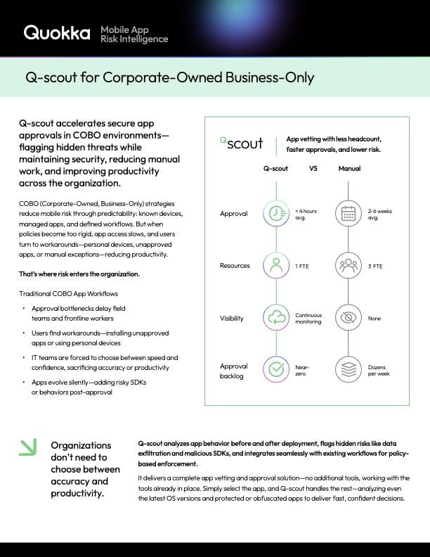 Thumbnail of Solution Brief for Q-scout Mobile App Risk Intelligence in Corporate-Owned Business-Only environments