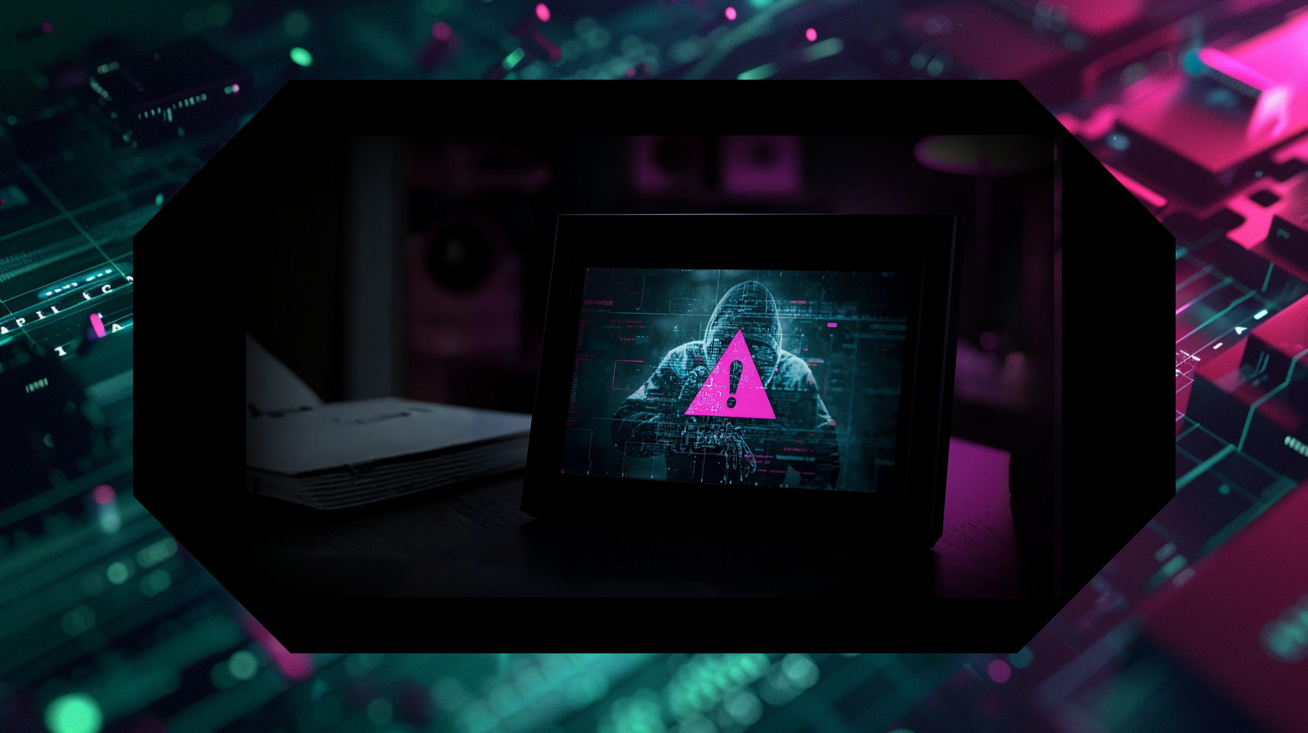 Digital picture frame on a desk displaying a hooded figure with a pink warning symbol, representing hidden cybersecurity risks in connected devices.