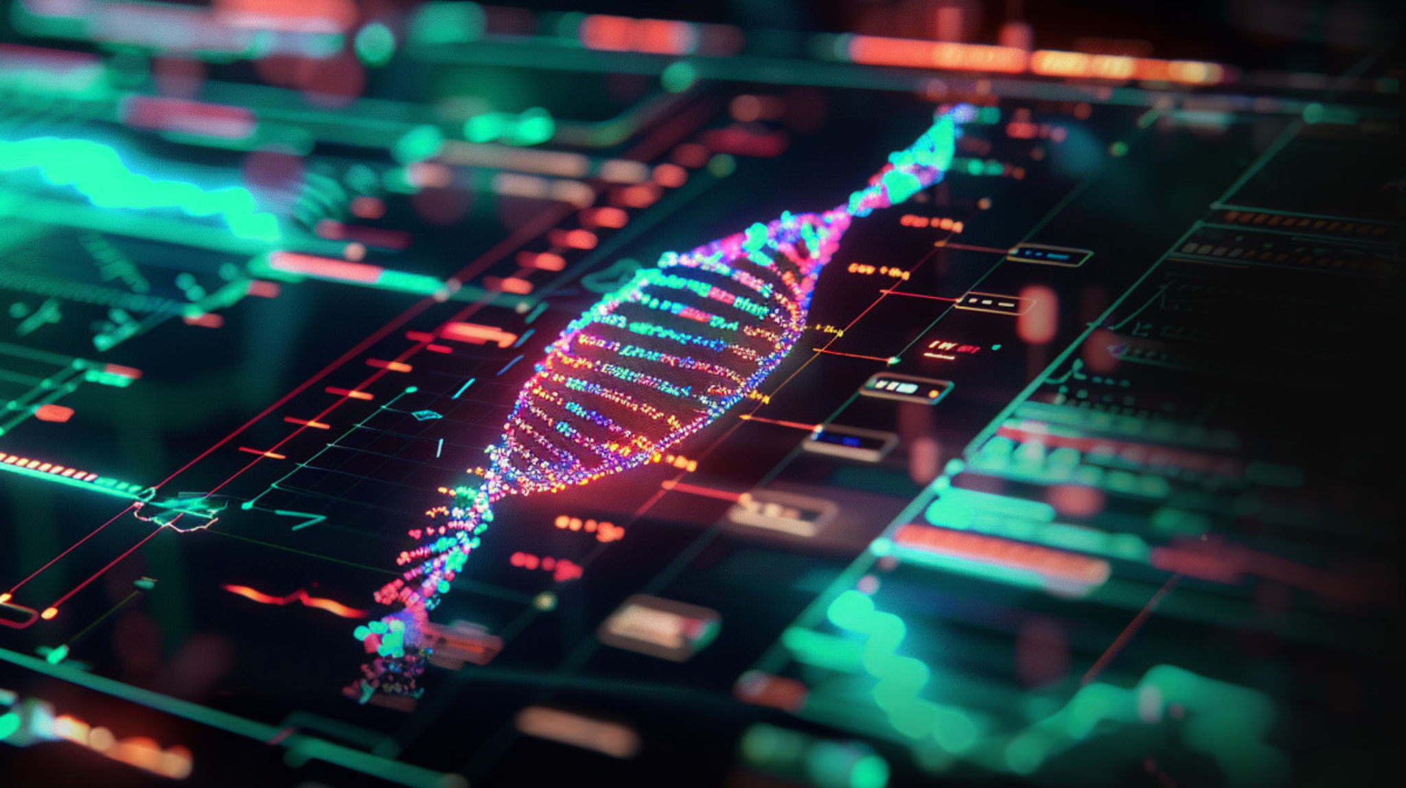 A stylized digital DNA helix composed of glowing data points and code-like elements floats above a futuristic interface filled with charts, data streams, and interconnected nodes, representing healthcare data, genomics, and advanced cybersecurity analytics.